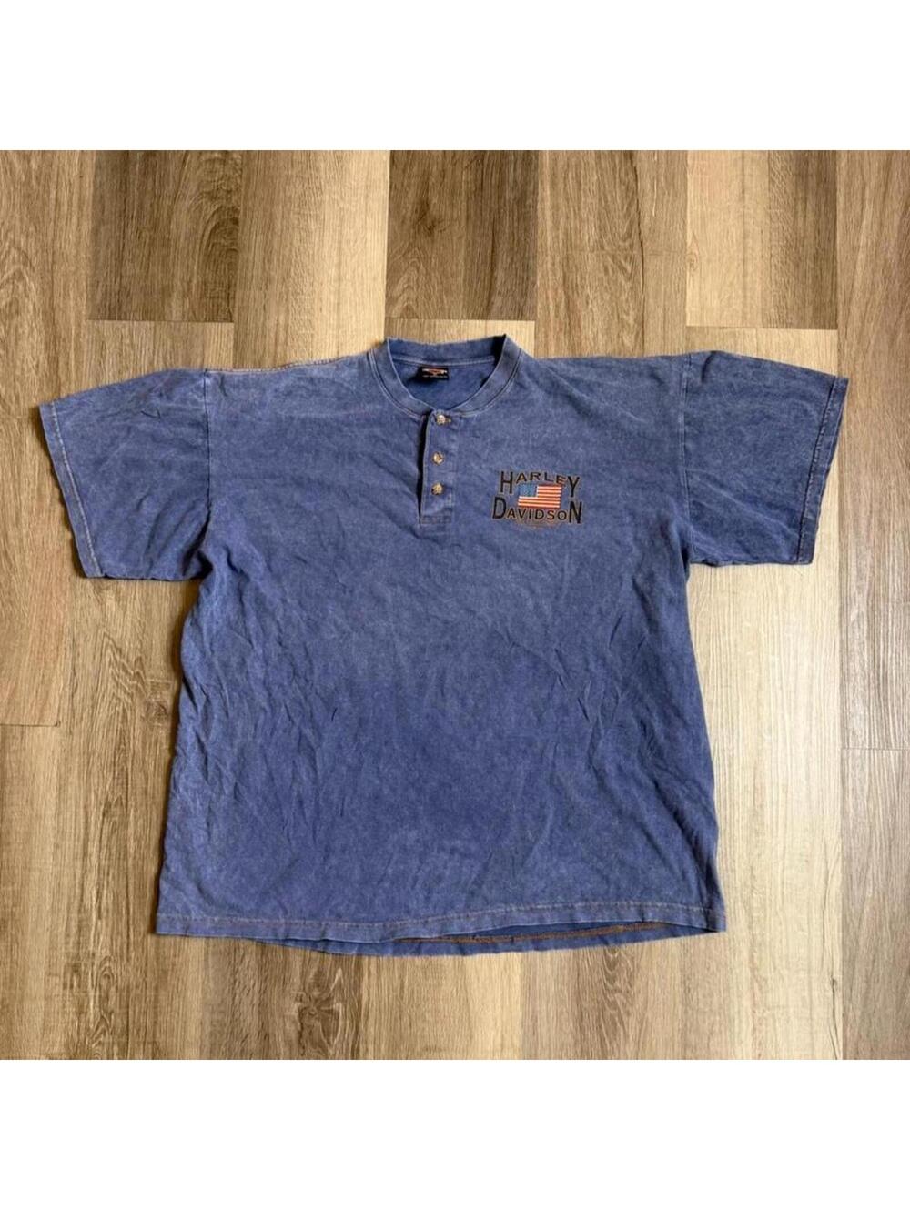 Vintage 90s Harley Davidson grey & blue American flag henley t-shirt Size XL